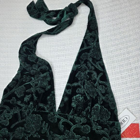 NWT Cider Size Large Dark Green Velvet Halter Mini Dress Floral Holiday Party - Picture 6 of 12